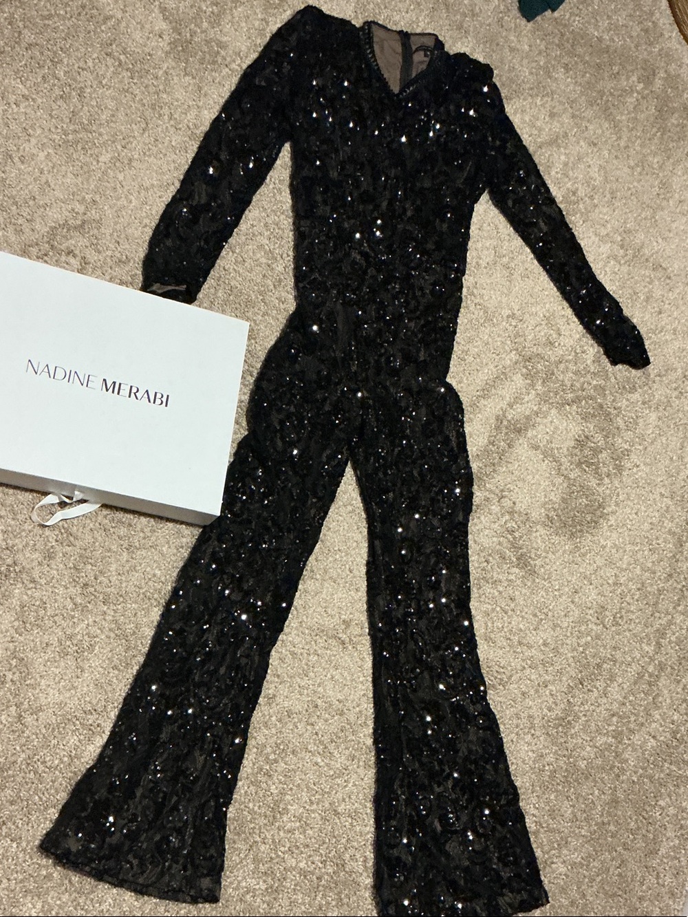NADINE MERABI Black Sequin Long-Sleeve Fitted Jumpsuit